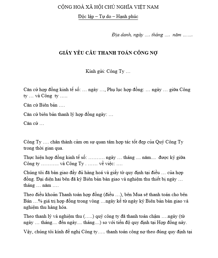 Mẫu giấy y&ecirc;u cầu thanh to&aacute;n c&ocirc;ng nợ&nbsp;