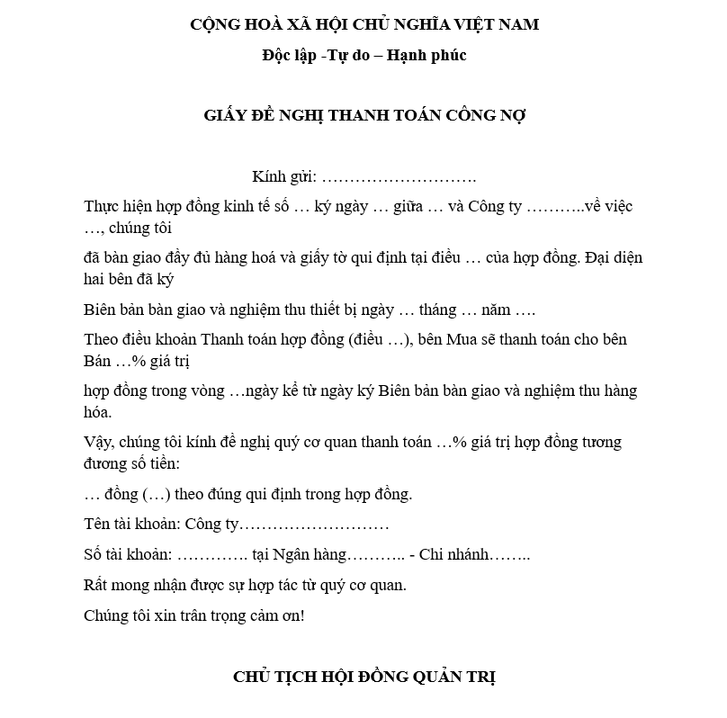 Mẫu mẫu đề nghị thanh to&aacute;n c&ocirc;ng nợ theo ho&aacute; đơn