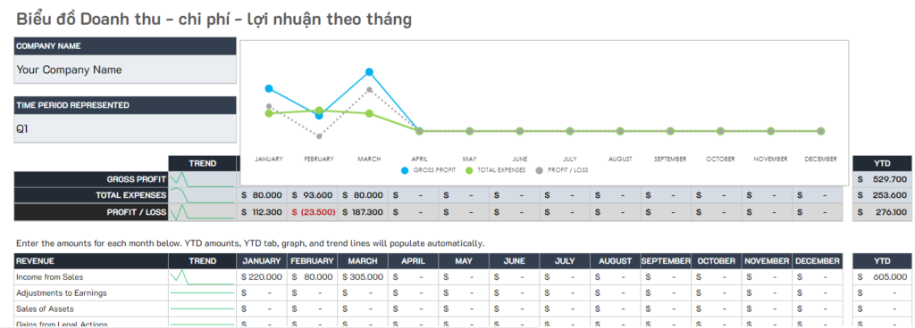File Excel quản l&yacute; doanh thu chi ph&iacute; lợi nhuận