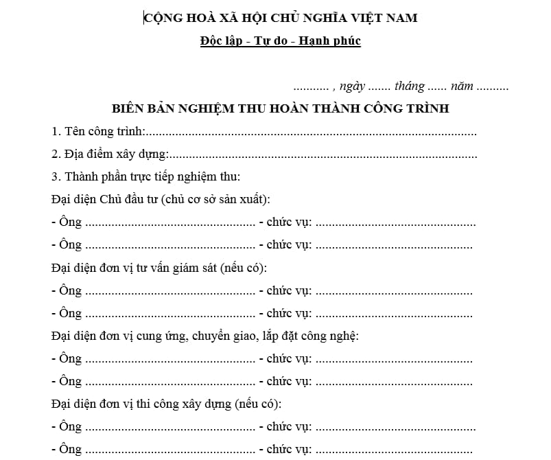 Mẫu bi&ecirc;n bản nghiệm thu ho&agrave;n th&agrave;nh c&ocirc;ng tr&igrave;nh