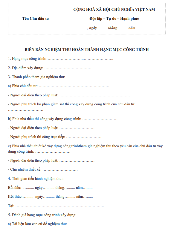 Mẫu bi&ecirc;n bản nghiệm thu ho&agrave;n th&agrave;nh hạng mục c&ocirc;ng tr&igrave;nh