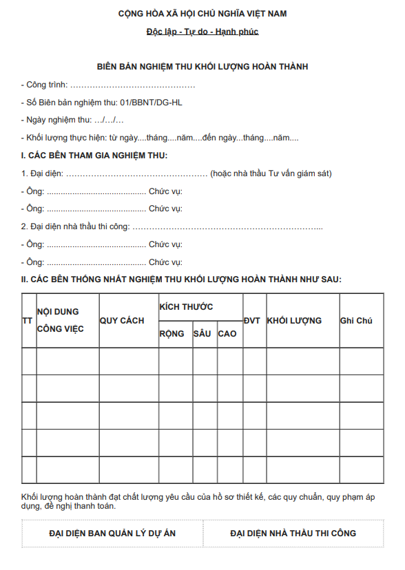 Mỗi bi&ecirc;n bản nghiệm thu khối lượng ho&agrave;n th&agrave;nh