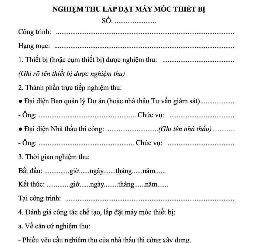 Mẫu bi&ecirc;n bản nghiệm thu lắp đặt m&aacute;y m&oacute;c