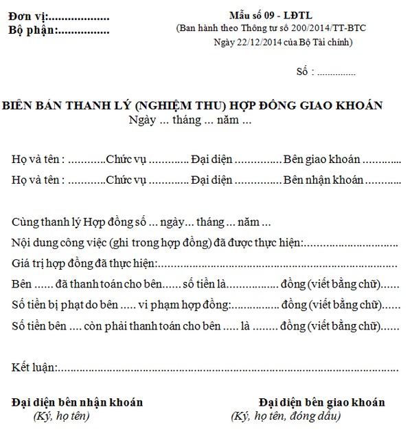 Mẫu bi&ecirc;n bản nghiệm thu v&agrave; thanh l&yacute; hợp đồng giao kho&aacute;n