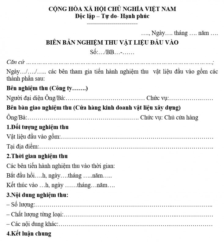 Mẫu bi&ecirc;n bản nghiệm thu vật liệu đầu v&agrave;o