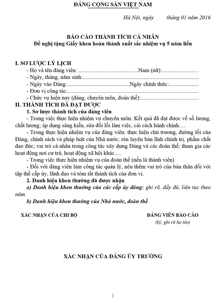 Mẫu b&aacute;o c&aacute;o th&agrave;nh t&iacute;ch c&aacute; nh&acirc;n cho Đảng vi&ecirc;n