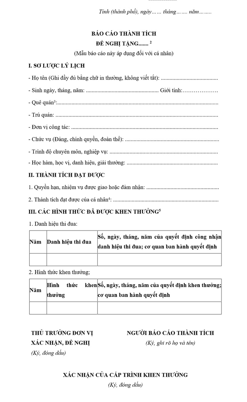 Mẫu b&aacute;o c&aacute;o th&agrave;nh t&iacute;ch đề nghị khen tặng giấy khen