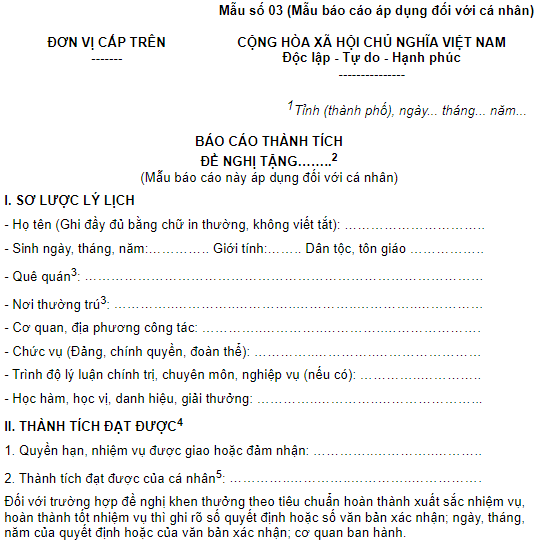 Mẫu b&aacute;o c&aacute;o th&agrave;nh t&iacute;ch đề nghị trao/truy tặng huy chương