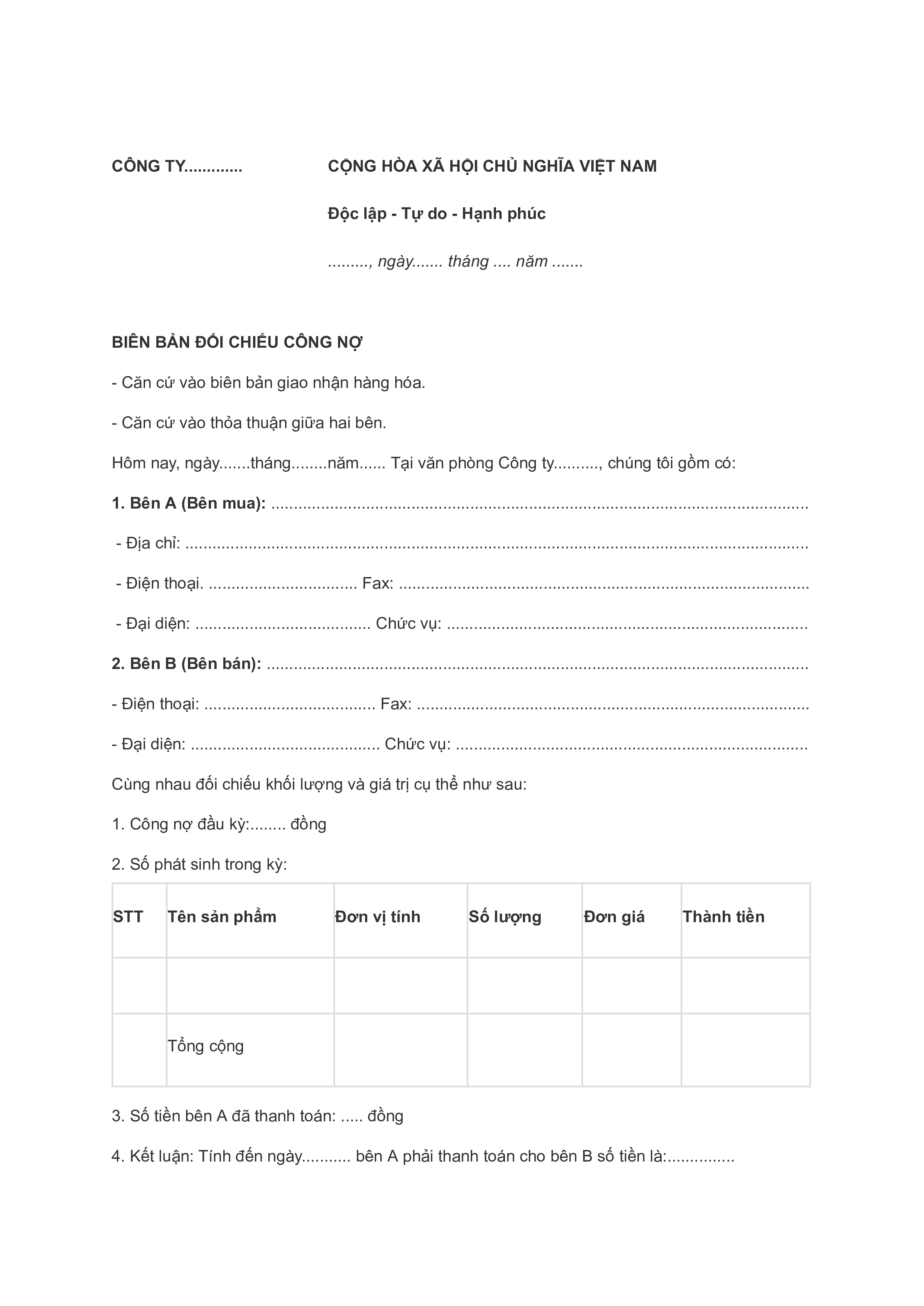 Mẫu bi&ecirc;n bản đối chiếu c&ocirc;ng nợ số 2