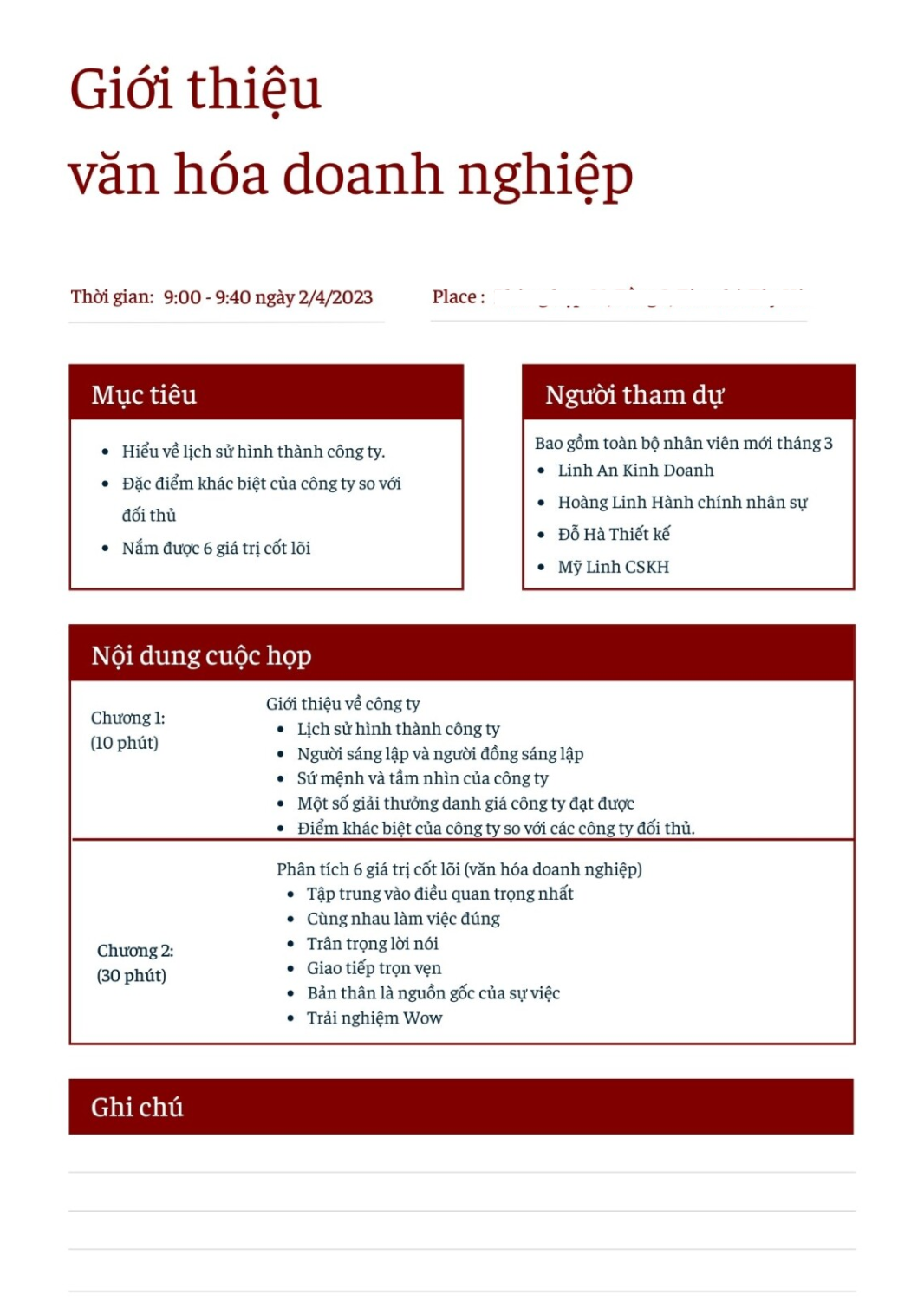 Những nội dung cơ bản cần c&oacute; trong Agenda