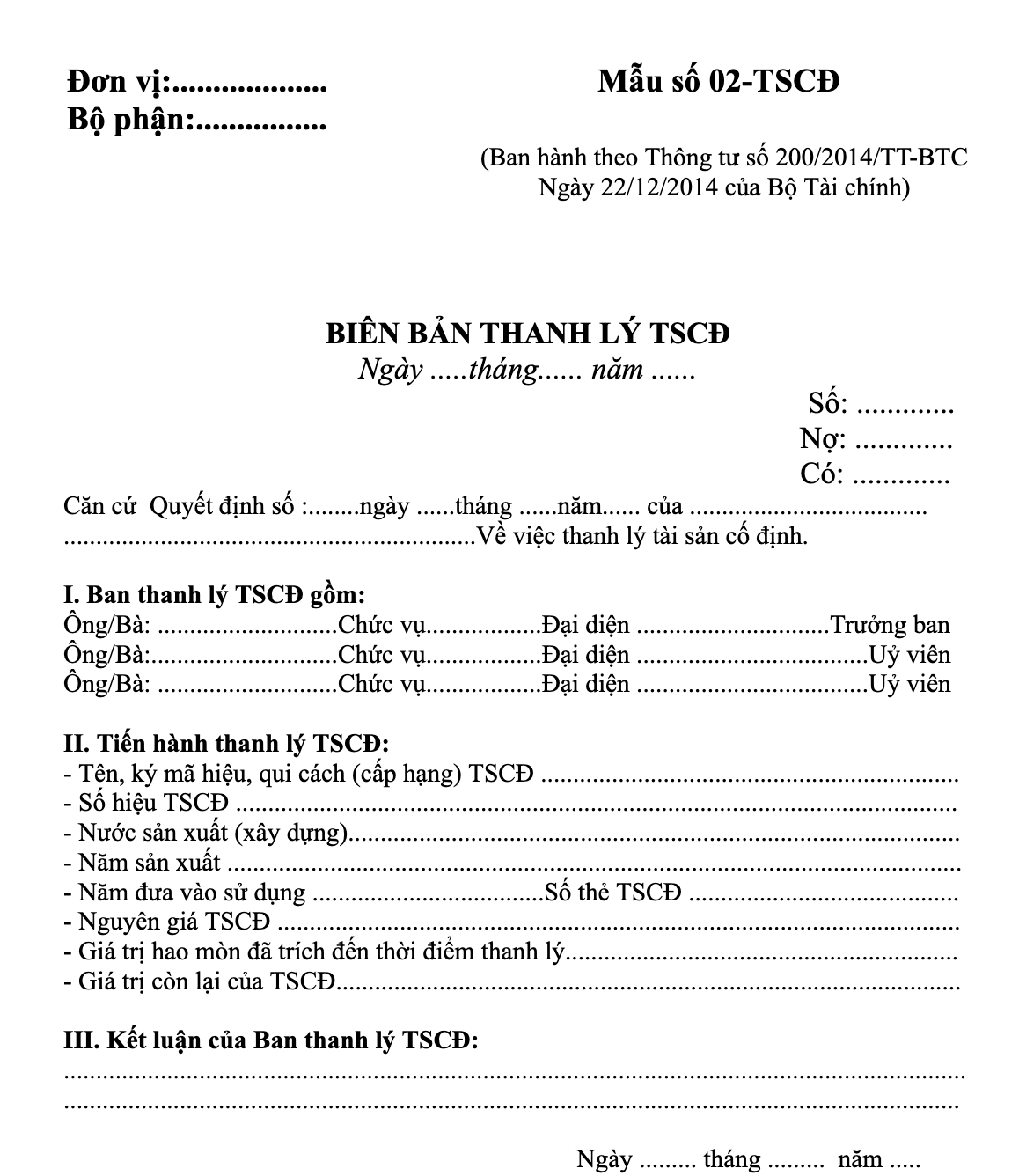 Bi&ecirc;n bản thanh l&yacute; t&agrave;i sản cố định 